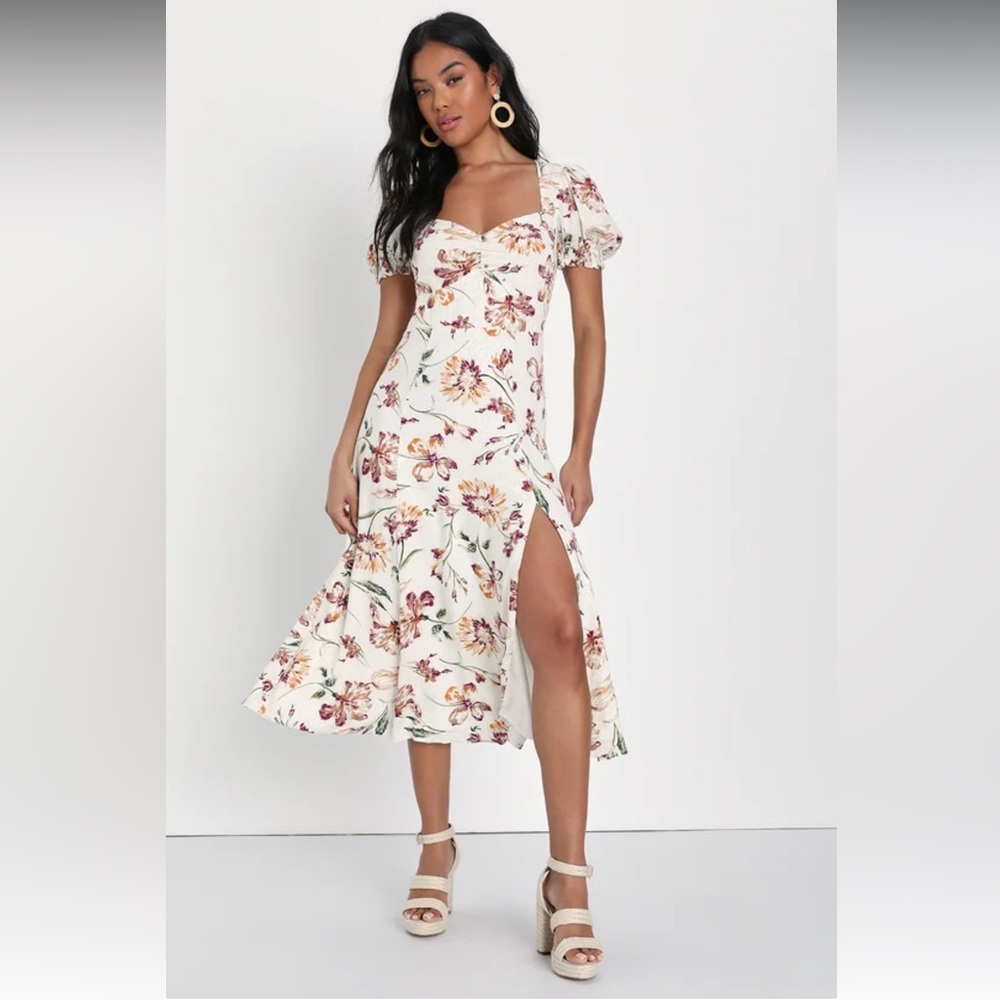 Parisian Picnic Cream Floral Jacquard Puff Sleeve Midi Dress